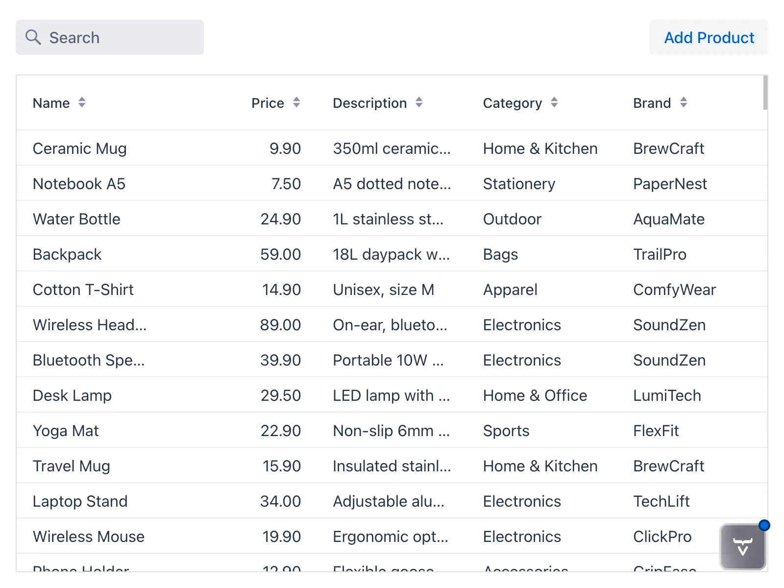 The product catalog view with an Add Product button in the top-right corner